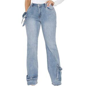 Women's Mid Waist Wide Leg Ripped Distressed Denim Jeans Retro Style